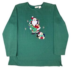 Bobbie Brooks Green Embroidered Santa Christmas Sweatshirt Size Large